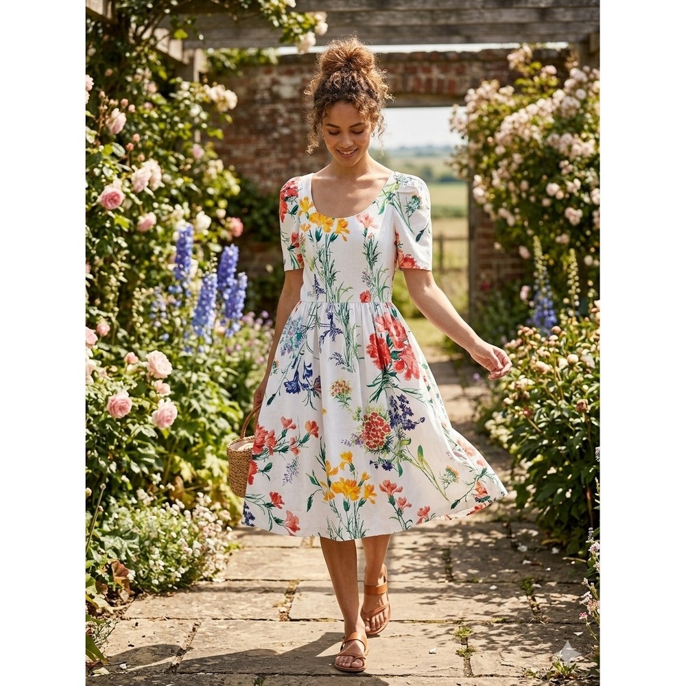 Blair‎ Woolverton Floral Dress Women 12 White Excellent Vintage Cotton Midi Puff